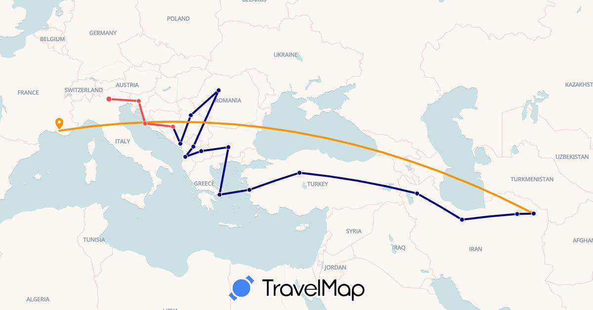 TravelMap itinerary: driving, hiking, hitchhiking in Albania, Bosnia and Herzegovina, Bulgaria, France, Greece, Croatia, Iran, Italy, Montenegro, Macedonia, Romania, Serbia, Slovenia, Turkey (Asia, Europe)